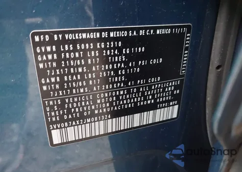 2018 Volkswagen Tiguan 2.0T S from USA, damaged, VIN 3VV0B7AX2JM081324
